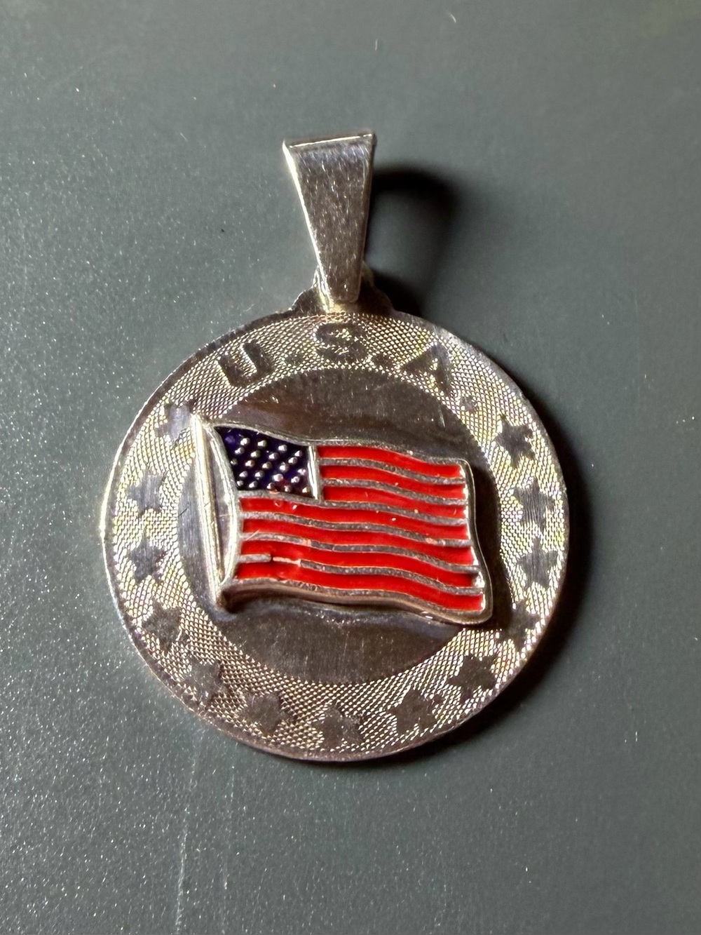 USA American Flag Round Necklace Pendant 925 Sterling Silver Unisex Red Blue